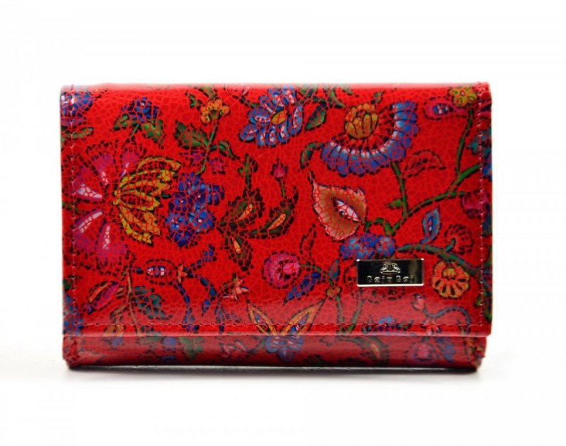 Portfel damski BAJUBAJ skóra czerwony kwiatki 