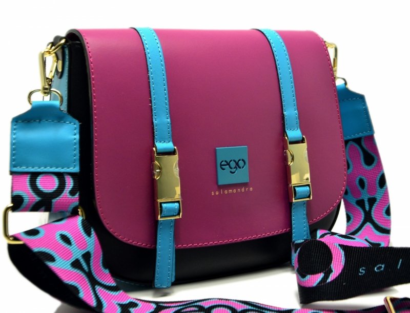 TOREBKA EGO skóra czarna skórzana listonoszka kolorowa fuksja