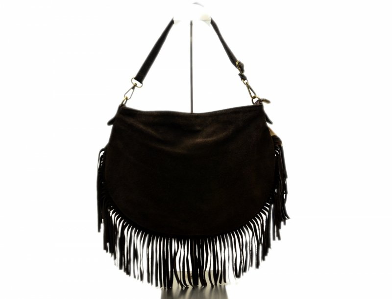 TOREBKA skóra brązowa listonoszka skórzana brąz frędzle zamsz damska GREGORIO