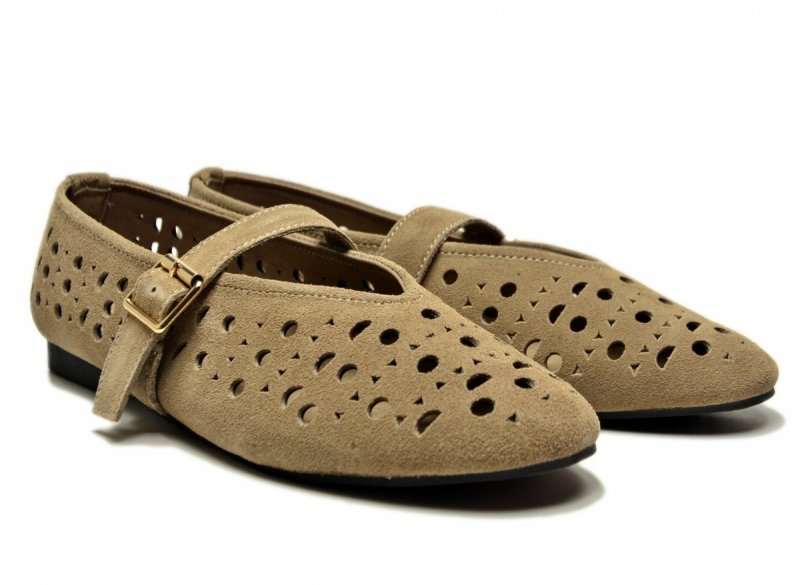 Baleriny beż 39 skóra FILIPPO 7875 skórzane beżowe na pasek zamsz półbuty