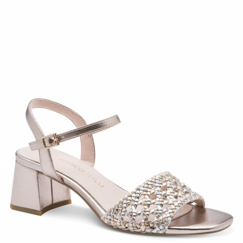 Sandałki 38 złote MARCO TOZZI 28382 na obcasie plecione różowe złoto