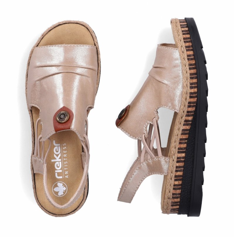 Sandałki beżowe złote 40 RIEKER 7972 beż na koturnie platformie