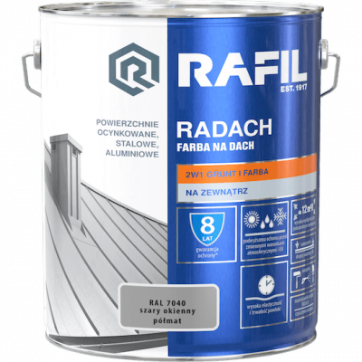 Radach 10L Szary Okienny RAL7040 PÓŁMAT farba na dach Rafil ocynk stal aluminium 
