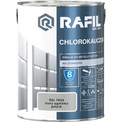 Rafil Chlorokauczuk 5L Szary Agatowy RAL7038 szara farba metalu betonu emalia chlorokauczukowa 