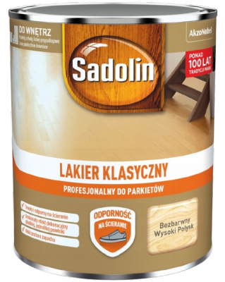 Sadolin Lakier Klasyczny WYSOKI POŁYSK 4,5L do parkietu podłóg schodów korka drewna niskozapachowy rozpuszczalnikowy