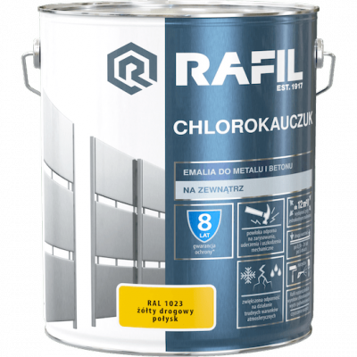 Rafil Chlorokauczuk 10L Żółty Drogowy RAL1023 żółta farba metalu betonu emalia chlorokauczukowa
