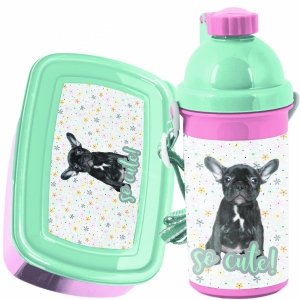 ZESTAW 2w1 BIDON ŚNIADANIÓWKA DLA UCZENNIC Z PIESKAMI DO SZKOŁY PASO PIESEK