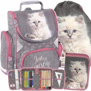 TORNISTER SZKOLNY KOTKI DLA DZIEWCZYNEK DO KLAS 1-4 Z KOTKIEM ZESTAW 3el