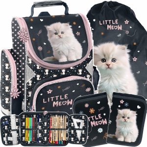 DZIEWCZĘCY TORNISTER SZKOLNY Z KOTKIEM DO 1 KLASY KOTEK KOMPLET 3w1 CATS