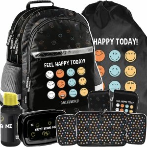 PLECAK  SMILEY SZKOLNY EMOTKI DO 1-3 KLASY PODSTAWÓWKI EMOTIKONY ZESTAW 5el