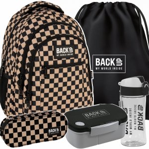 SZKOLNY PLECAK MŁODZIEŻOWY BACKUP KOMPLET 5w1 SZACHOWNICA BEŻOWA KRATA