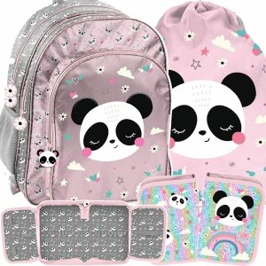 PLECAK SZKOLNY MIŚ PANDA DLA DZIEWCZYNEK DO 1 KLASY KOMPLET 3w1 z PANDĄ