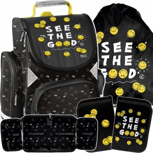 TORNISTER SZKOLNY EMOTKI SMILEY DO 1 KLAS KOMPLET 3w1 BUŹKI EMOTIKONY PASO