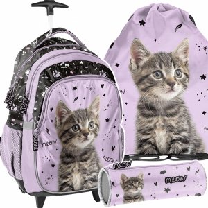 PLECAK z KOTKIEM NA KÓŁKACH SZKOLNY KOMPLET 3el DO PODSTAWÓWKI KOTEK CATS