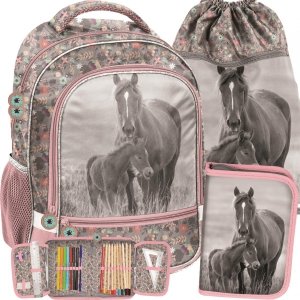 Nowoczesny Plecak Szkolny Dziewczęcy z Końmi Konie Komplet [PP20KO-260]
