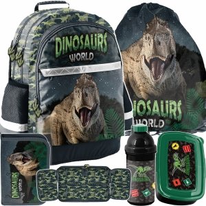 KOMPLET 5ele TYRANOZAUR PLECAK SZKOLNY DINOZAURY