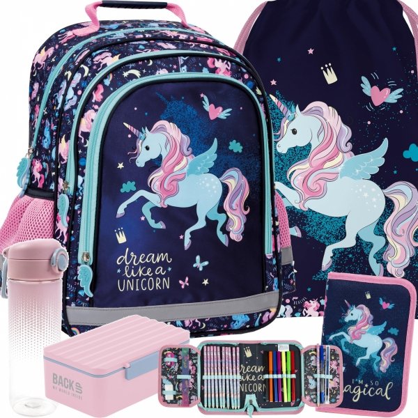 PLECAK JEDNOROŻEC SZKOLNY DO 1 KLASY ZESTAW 5w1 DLA DZIEWCZYNY UNICORN