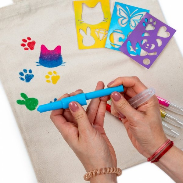 Markery do Tkanin 5 kolorów w Sprayu z Szablonami Zwierzaki Kidea Flamastry Pisaki [MTSSZ5KA]