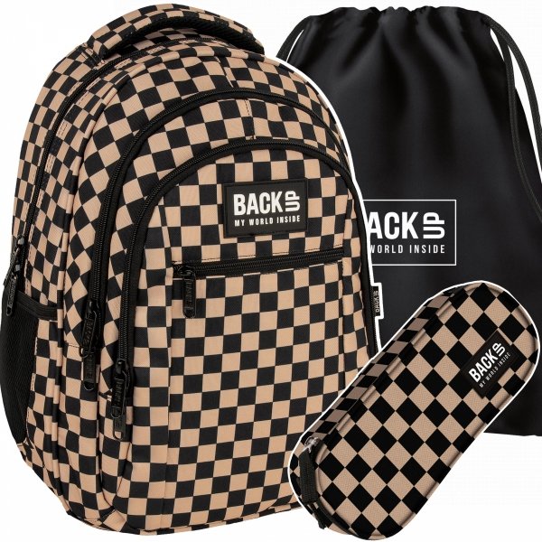 DZIEWCZĘCY PLECAK MŁODZIEŻOWY BACKUP SZKOLNY KOMPLET 3w1 SZACHOWNICA BEŻ