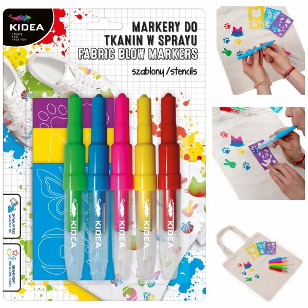 Markery do Tkanin 5 kolorów w Sprayu z Szablonami Zwierzaki Kidea Flamastry Pisaki [MTSSZ5KA]