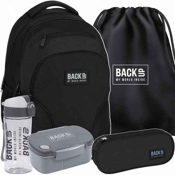 CHŁOPIĘCY CZARNY ZESTAW 5 el BACKUP PLECAK DUŻY SZKOLNY MŁODZIEŻOWY 3 KOM.
