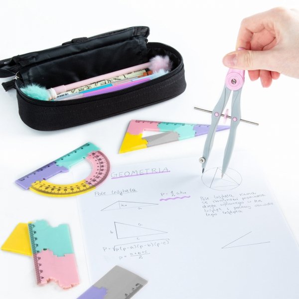 ZESTAW GEOMETRYCZNY 4 elem PUZZLE 20 cm EKIERKA CYRKIEL KĄTOMIERZ KIDEA