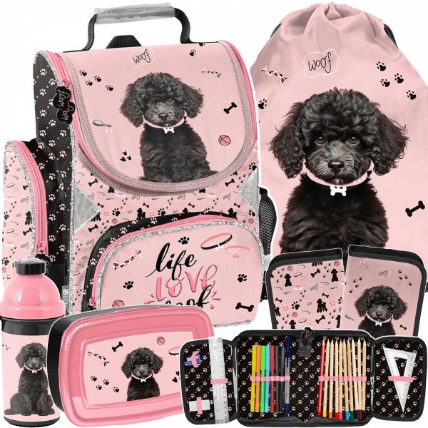 TORNISTER SZKOLNY Z PIESKIEM KOMPLET 5w1 DO 1 KLASY PIESEK DO PODSTAWÓWKI