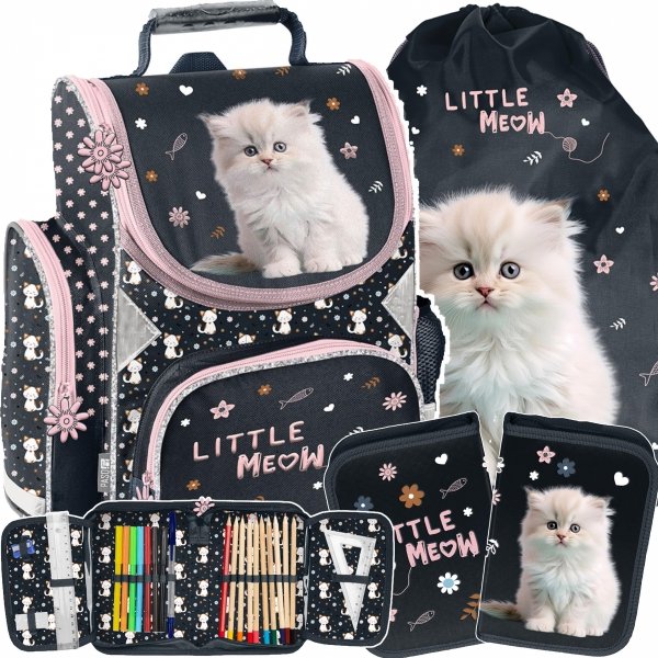 DZIEWCZĘCY TORNISTER SZKOLNY Z KOTKIEM DO 1 KLASY KOTEK KOMPLET 3w1 CATS