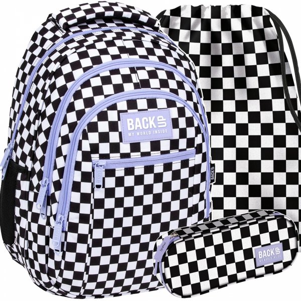 SZACHOWNICA PLECAK ZESTAW 3 ele MŁODZIEŻOWY BACKUP SZKOLNY KRATKA FIOLET