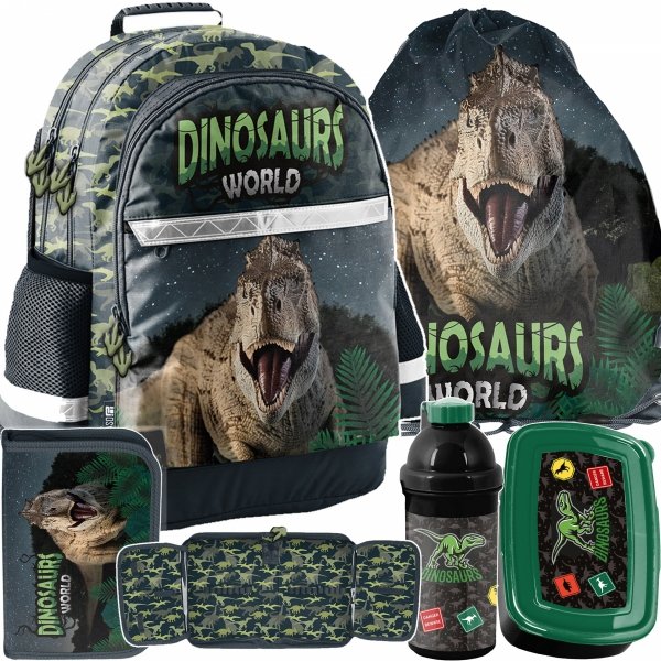 KOMPLET 5ele TYRANOZAUR PLECAK SZKOLNY DINOZAURY
