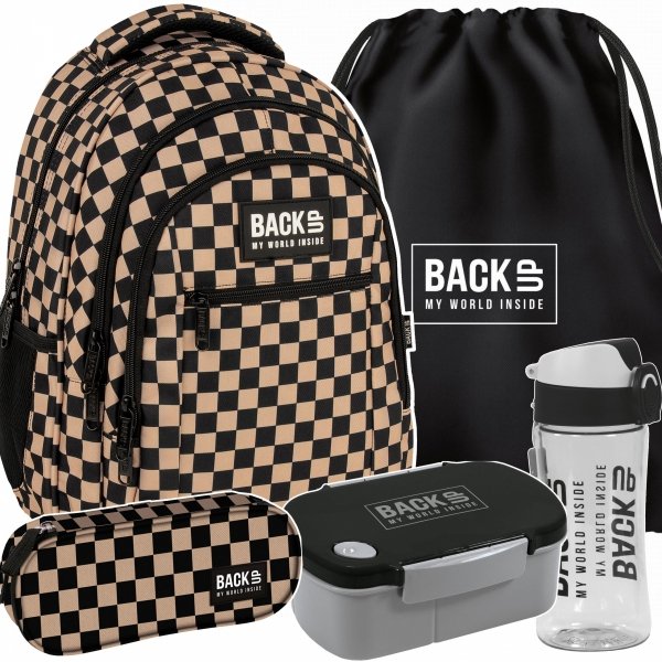 SZKOLNY PLECAK MŁODZIEŻOWY BACKUP KOMPLET 5w1 SZACHOWNICA BEŻOWA KRATA
