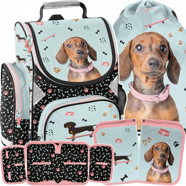 TORNISTER SZKOLNY Z PIESKIEM JAMNK DO 1 KLASY PODSTAWÓWKI ZESTAW 3w1 PIES 