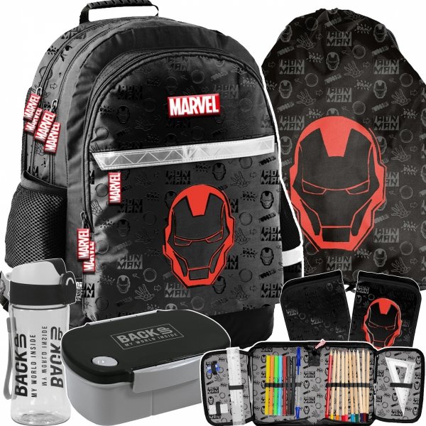 PLECAK IRON MAN SZKOLNY AVENGERS PODSTAWÓWKI DLA CHŁOPAKÓW ZESTAW 5 elem.