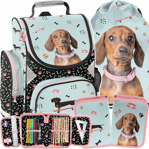 TORNISTER SZKOLNY Z PIESKIEM JAMNK DO 1 KLASY PODSTAWÓWKI KOMPLET 3w1 PIES 