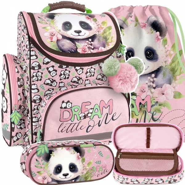 TORNISTER z PANDĄ SZKOLNY ZESTAW 3w1 DLA DZIEWCZYNY Z MISIEM DO 1 KLASY