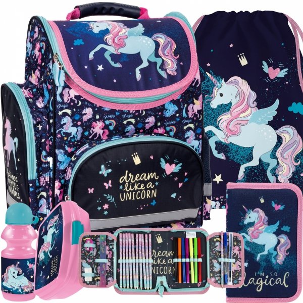 SZKOLNY TORNISTER DLA DZIEWCZYNY JEDNOROŻEC KOMPLET 5W1 UNICORN DERFORM