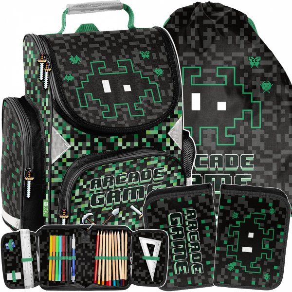 ZESTAW 3w1 TORNISTER SZKOLNY GAMING GAMER DLA CHŁOPAKÓW PODSTAWÓWKI PIKSELE