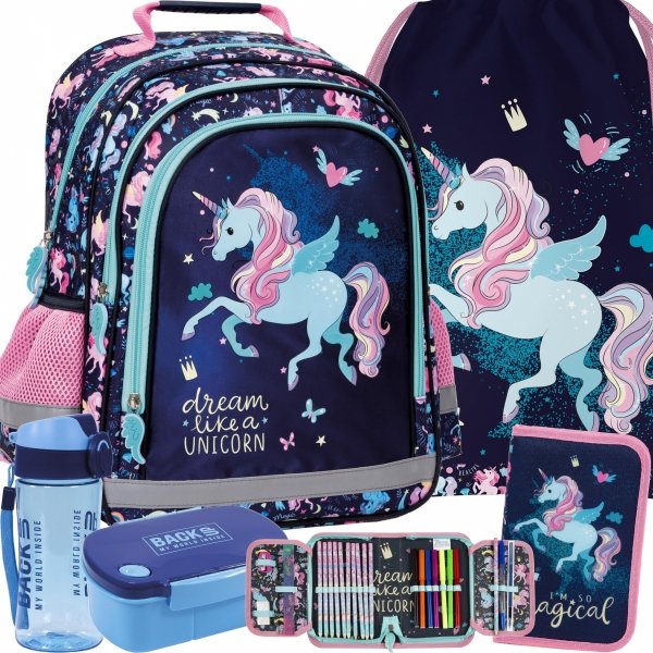 PLECAK JEDNOROŻEC SZKOLNY DO 1 KLASY ZESTAW 5el DZIEWCZĘCY UNICORN DERFORM