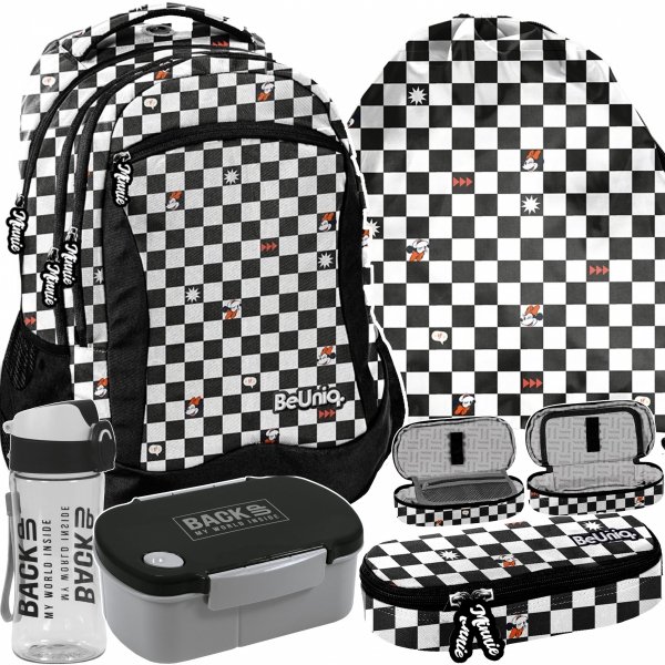 SZACHOWNICA PLECAK MŁODZIEŻOWY SZKOLNY CZARNY BeUniq 4 KOMOROWY ZESTAW 5w1