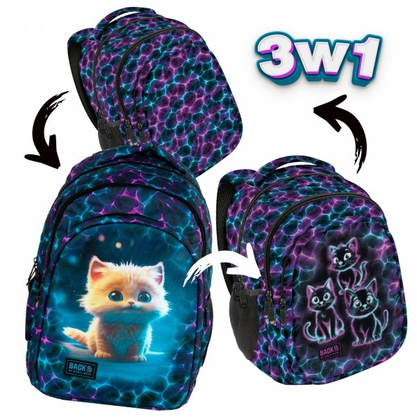 PLECAK KOTEK BACKUP SZKOLNY MŁODZIEŻOWY KOMPLET 5elem. CATS 3 WZORY z KOTEM