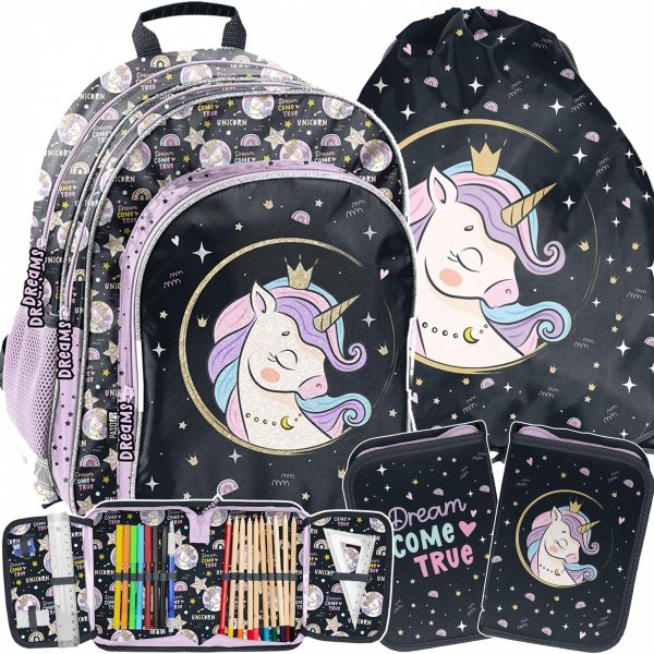 PLECAK SZKOLNY JEDNOROŻEC DLA DZIEWCZYNEK DO KLAS 1-3 PODSTAWÓWKI ZESTAW 
