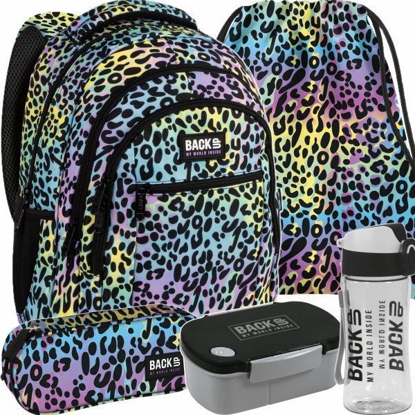 PLECAK MŁODZIEŻOWY BACKUP SZKOLNY TĘCZOWA PANTERKA ZESTAW 5w1