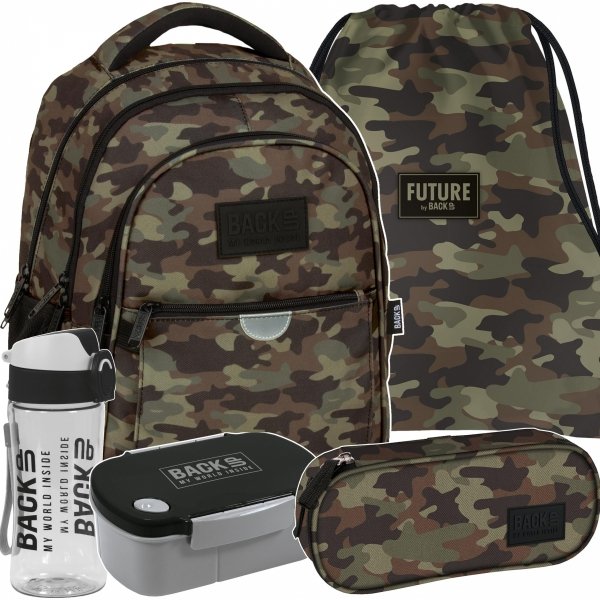 MORO KOMPLET 5w1 SZKOLNY PLECAK MŁODZIEŻOWY BACKUP KAMUFLAŻ WOJSKOWY