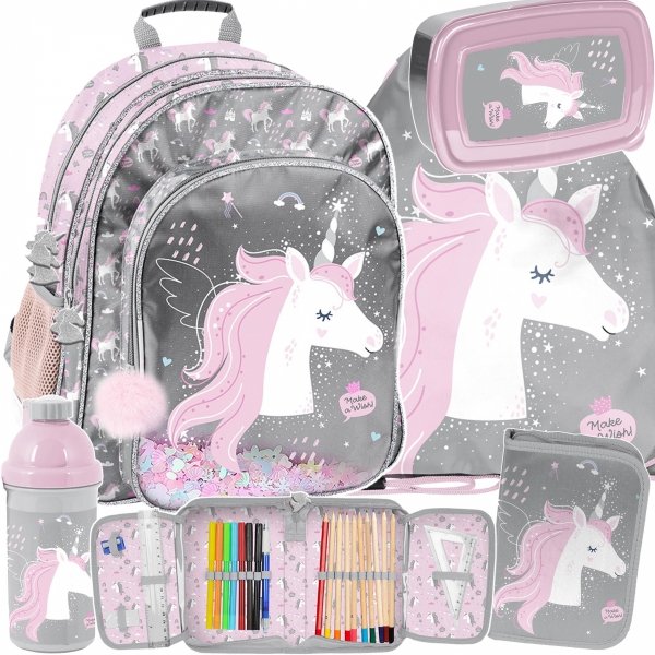 JEDNOROŻEC PLECAK SZKOLNY DO KLAS 1-3 PODSTAWÓWKI ZESTAW 5w1 DZIEWCZĘCY