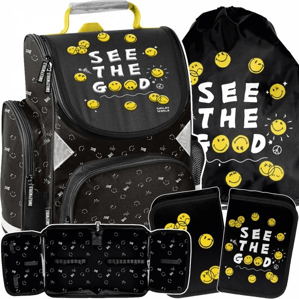 TORNISTER SZKOLNY EMOTKI SMILEY DO 1 KLAS KOMPLET 3w1 BUŹKI EMOTIKONY PASO
