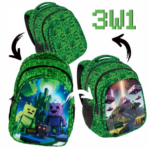 PIKSELE MINECRAFT PLECAK 3 WZORY BACKUP SZKOLNY MŁODZIEŻOWY ZESTAW 5 elem.