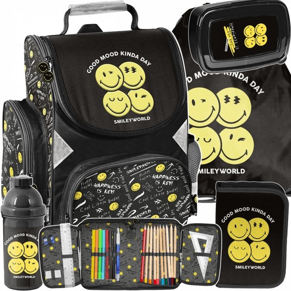 SMILLEY TORNISTER SZKOLNY DO KLAS 1-4 BUŹKI EMOTKI EMITIKONY KOMPLET 5 ele.