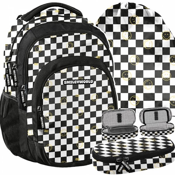 SMILEY SZACHOWNICA DUŻY PLECAK BeUniq MŁODZIEŻOWY SZKOLNY KOMPLET 3 elem.
