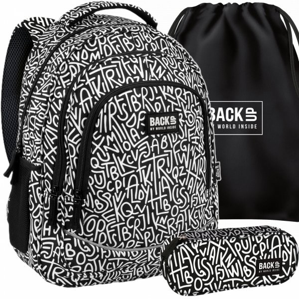 PLECAK KOMPLET 3w1 BACKUP SZKOLNY MŁODZIEŻOWY LITERY GRAFFITI 3 KOMOROWY