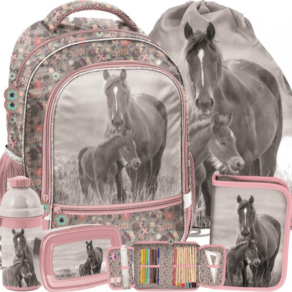 Modowy Plecak Szkolny Dziewczęcy z Końmi Konie Zestaw [PP20KO-260]